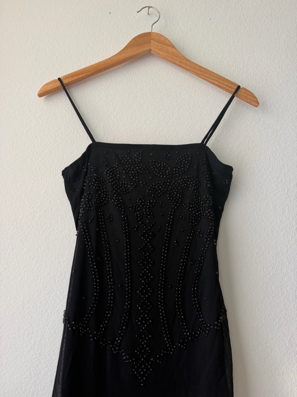 Vintage Beaded Black Spaghetti Strap Midi Dress